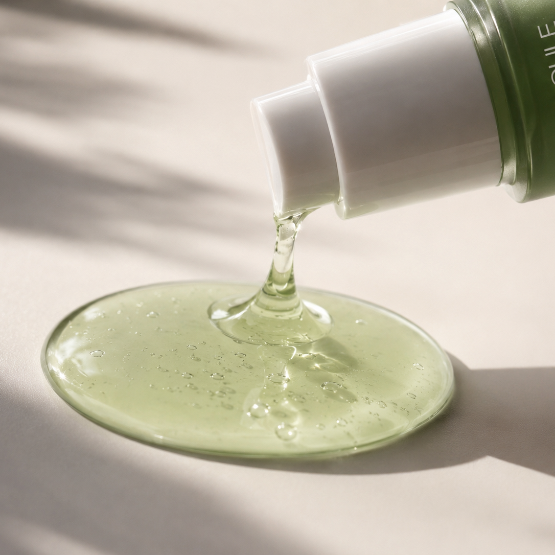 Green skincare ampoule being poured onto a white surface with a soft shadow.