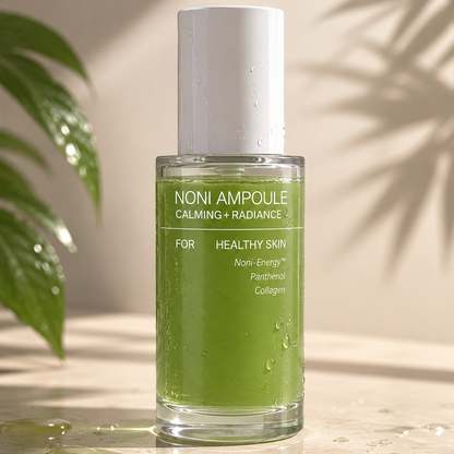 Green skincare ampoule bottle with a white cap on a neutral background