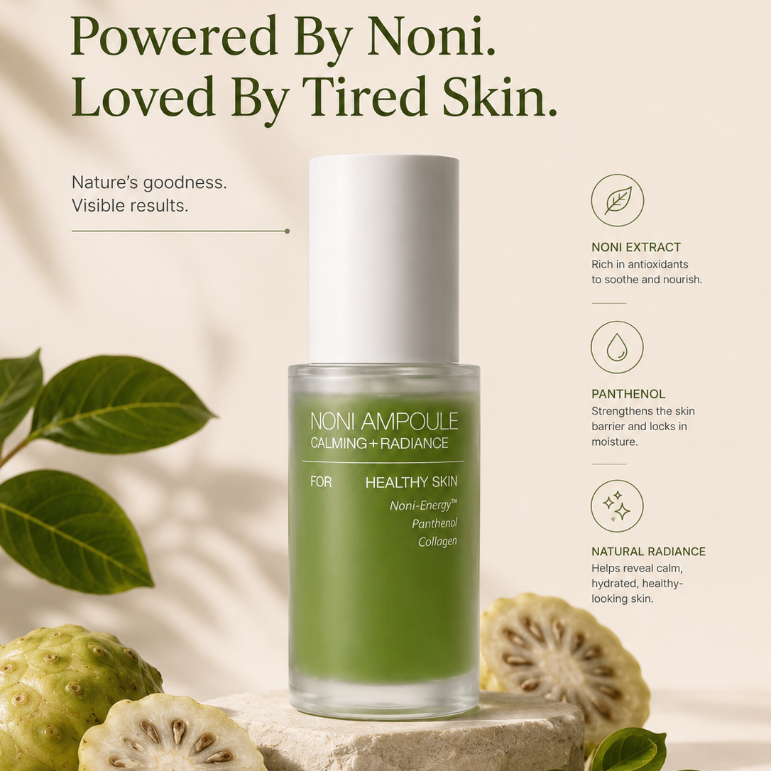 Skincare bottle with green liquid on a beige background with noni fruit and leaves.
