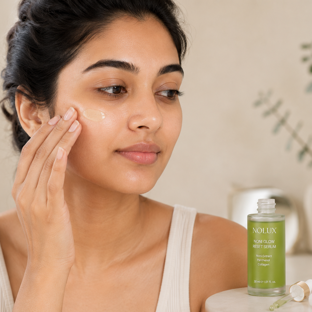 Woman applying skincare product with a green bottle in the background