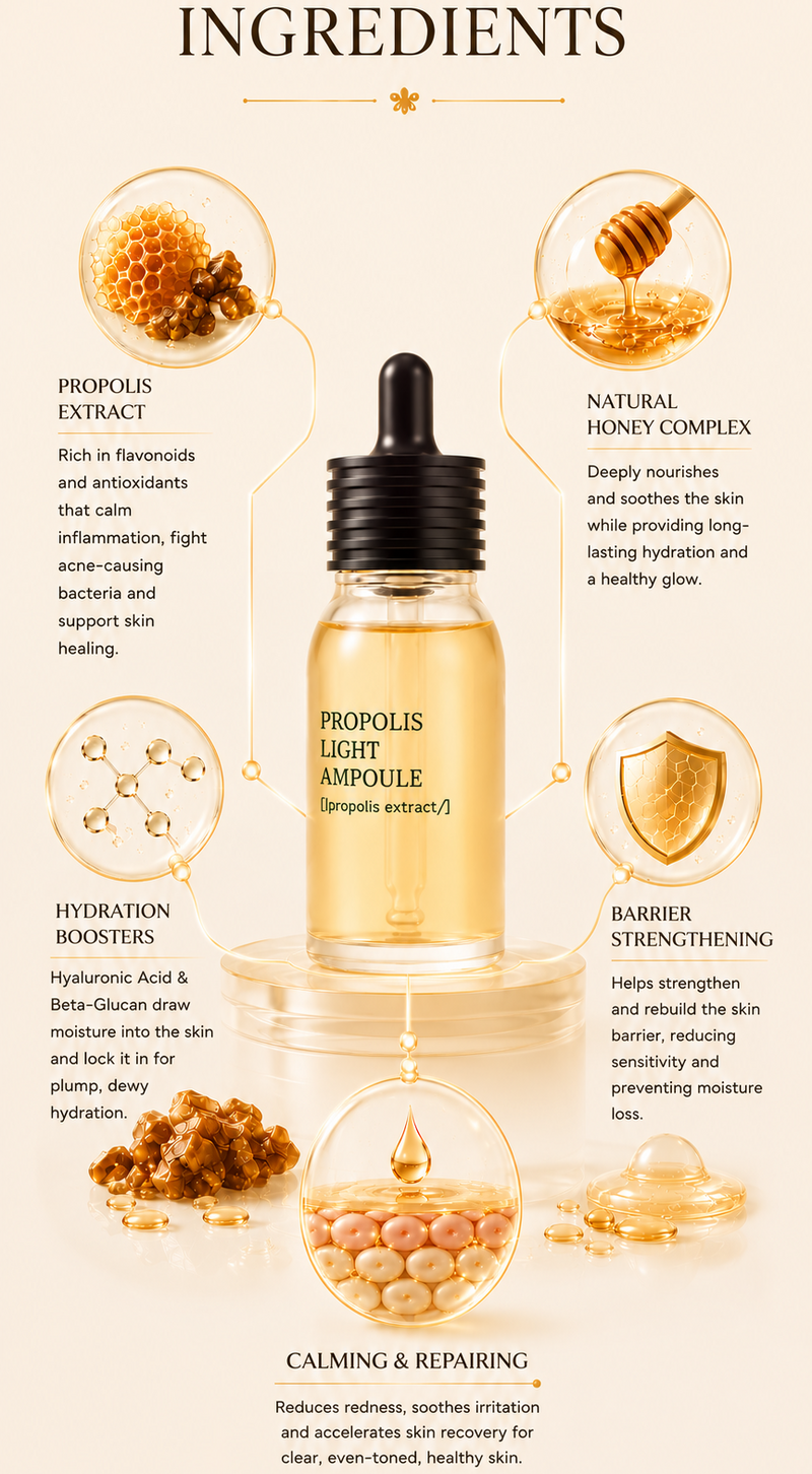 Propolis Light Ampoule with ingredients listed on a white background
