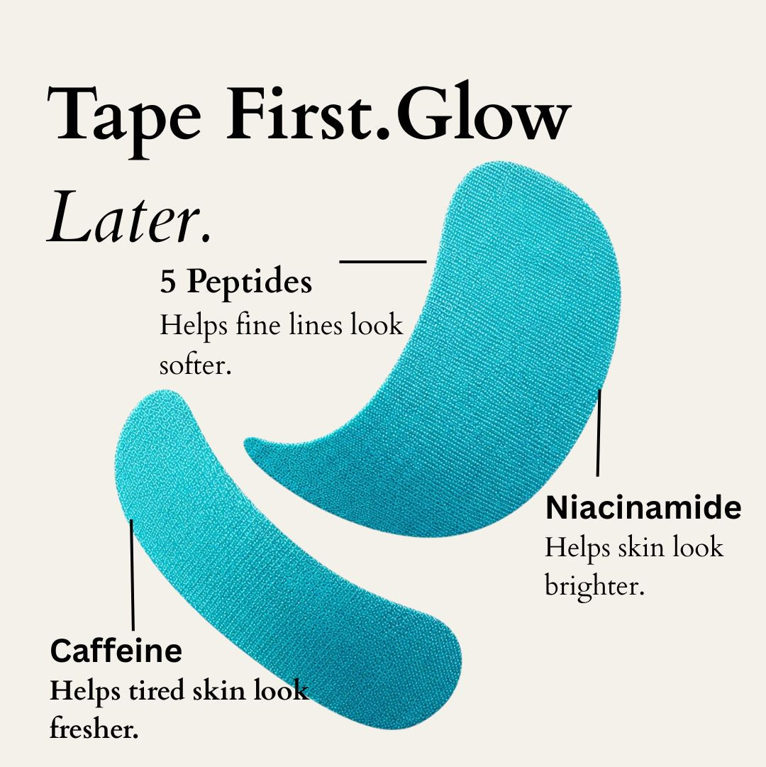 Teal eye patches with text detailing ingredients and benefits on a beige background