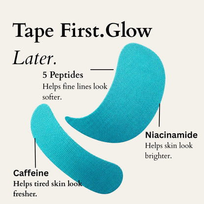 Teal eye patches with text detailing ingredients and benefits on a beige background
