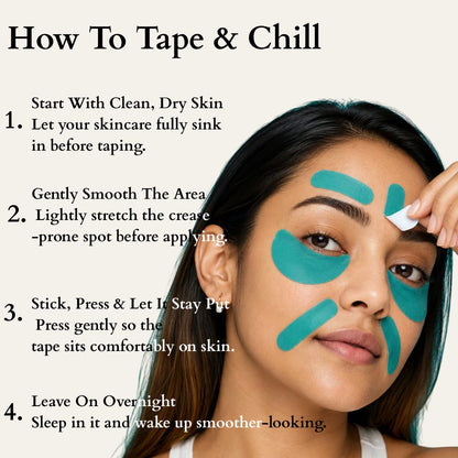 Woman with nolux peptide infused eye tape on her face with instructions on how to use it.