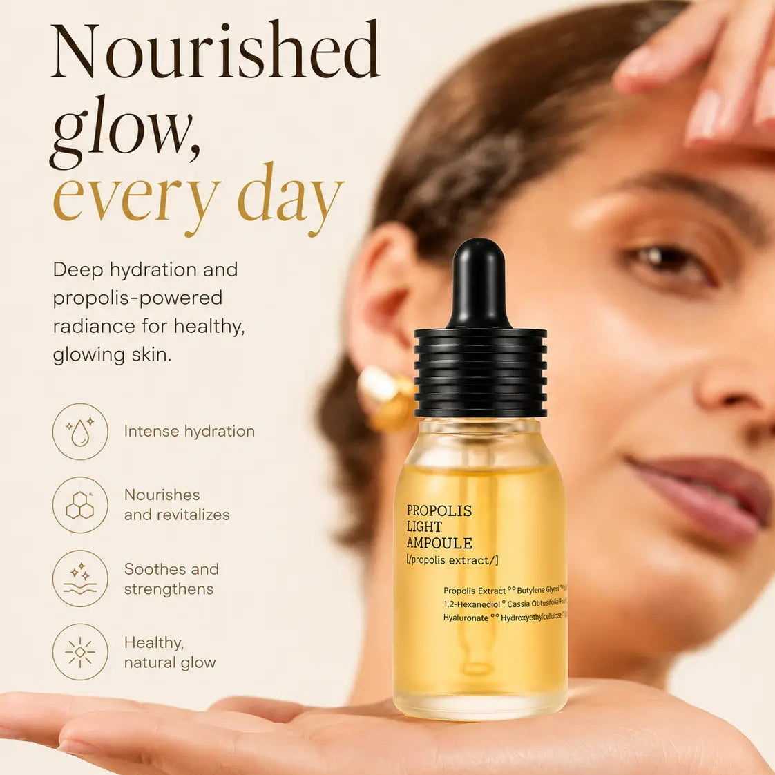 Skincare ampoule bottle held by a person with text about deep hydration and propolis-powered radiance.