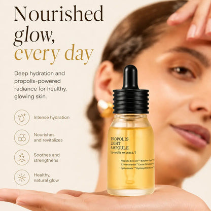 Skincare ampoule bottle held by a person with text about deep hydration and propolis-powered radiance.